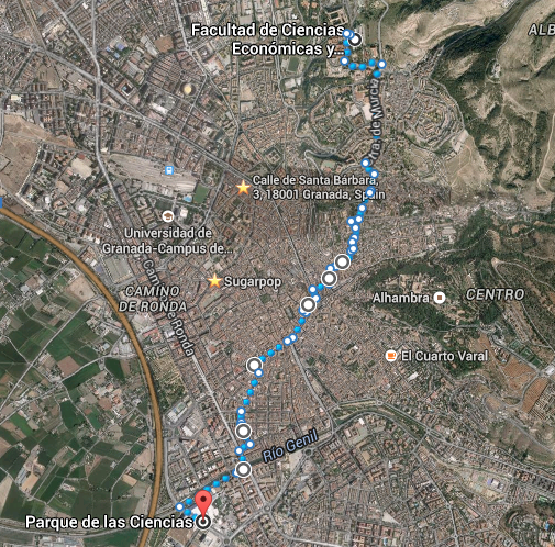Recorrido a pie en Granada desde el Parque de las Ciencias hasta la Facultad de Ciencias Económicas y Empresariales (4,7 km.)